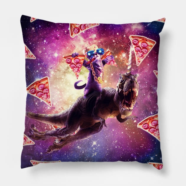 Thug Space Cat On Dinosaur Unicorn - Pizza Pillow by Random Galaxy