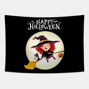 Happy Halloween with cute little girl witch and cat Tapestry