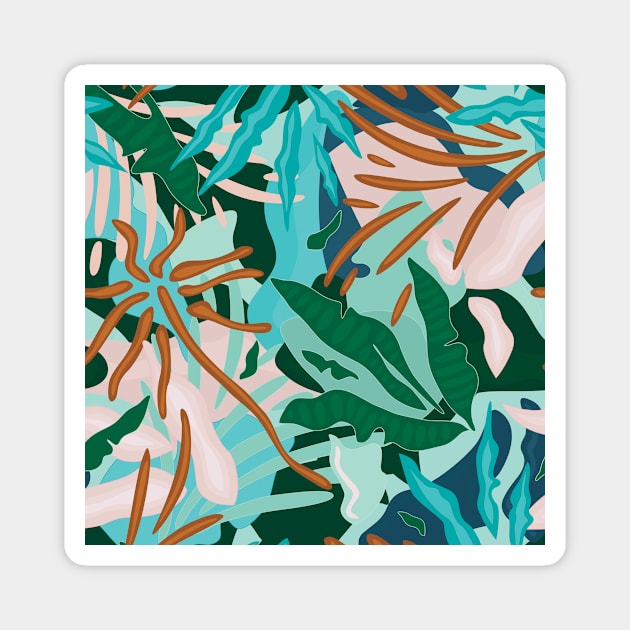 Abstract Tropical Jungle / Turquoise, Green, Sand and Light pink Magnet by matise