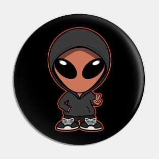 Hooded Space Alien Peace Hand Sign Orange Pin