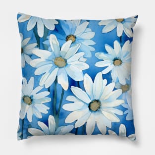 White Daisy Flowers Blue Pattern Pillow