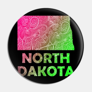 Colorful mandala art map of North Dakota with text in pink and green Pin