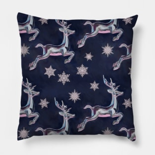 Silver Snowflakes & Happy Reindeer in Navy Blue & Pink Pillow