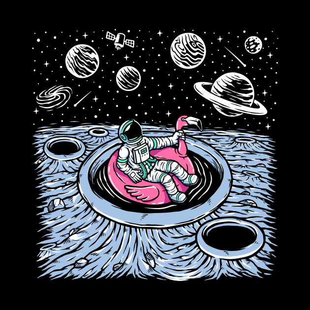 Funny Astronaut Floating in a Crater Pool on a Pink Flamingo Float by SLAG_Creative