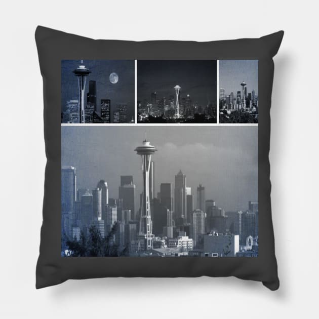 Grey Seattle Space Needle Collage Pillow by Christine aka stine1