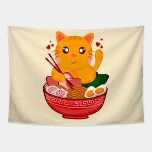 Funny Kawaii Orange Cat Eating Ramen Noodles Tapestry