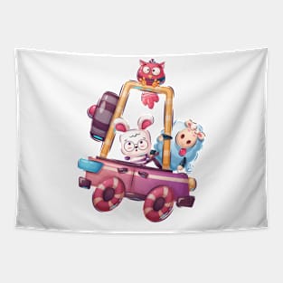 Sheep Owl and Cat funny cartoon concept art Tapestry