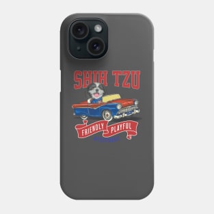 Cute Shih Tzu dog in a funny vintage classic retro car with red white and blue flags Phone Case