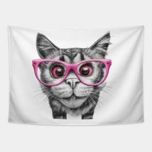 pencil black and white drawing of curious cat wearing light pink colored glasses art Tapestry