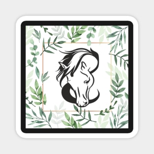 Horse Lover Art Sage Green Floral Pattern Frame Design Horses Magnet