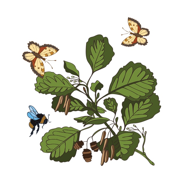 Botanical illustration of an alder plant, a butterfly and a bumblebee by EEVLADA