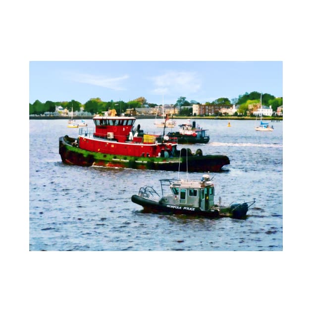 Norfolk VA - Police Boat and Two Tugboats by SusanSavad