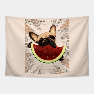 French bulldog and Watermelon, summer with frenchie, 80 s, 70 s, typography, old school, cool, bright Tapestry