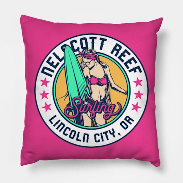 Retro Surfer Babe Badge Nelscott Reef Lincoln City Oregon Pillow by Now Boarding