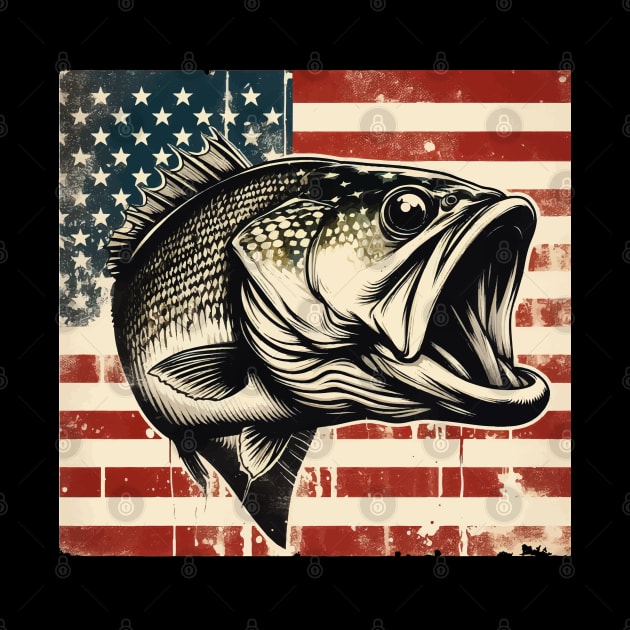 Retro Vintage Bass Fishing on American Flag by TomFrontierArt