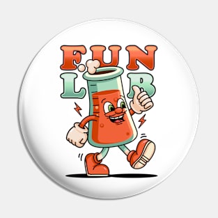 Fun lab, cute retro beaker mascot walking around Pin