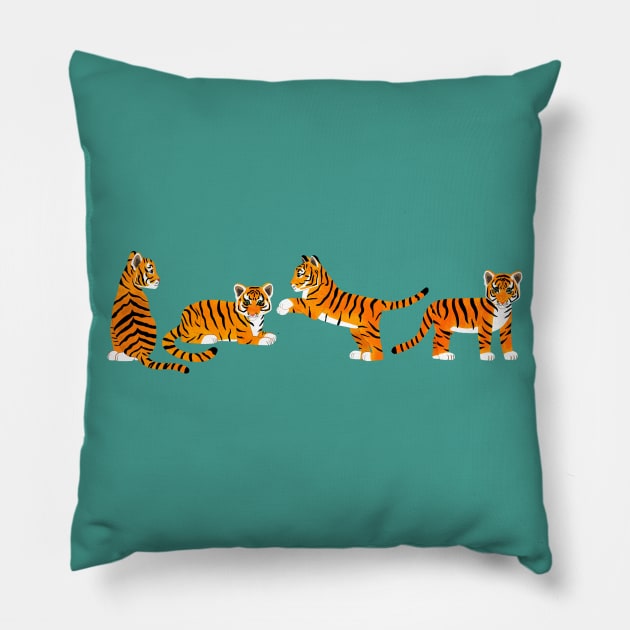 Tiger Cubs in a Row Pillow by tangerinetane