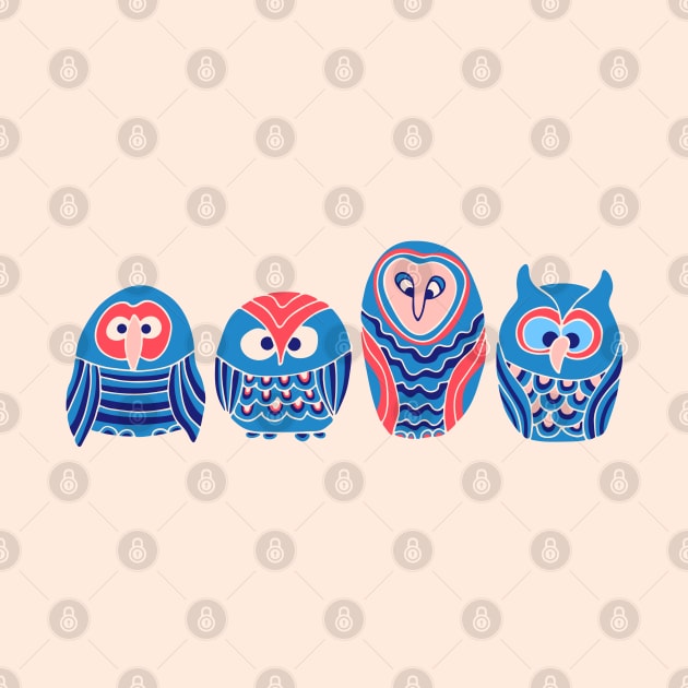 WOO HOO Owls Cute Funny Birds Forest Woodland Nature Wildlife in Blue Red Pink Cream - UnBlink Studio by Jackie Tahara by UnBlink Studio by Jackie Tahara