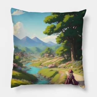 Medieval Landscape and Girl Pillow