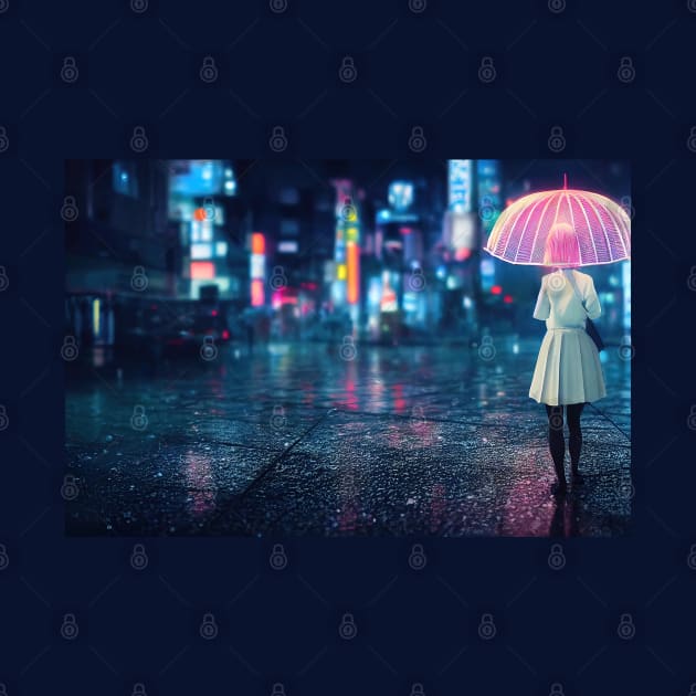 Girl walks at Asian city, Girl walks at cyberpunk city ,Girl walks at rain in city by DyeruArt