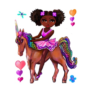 Princess ballerina on a unicorn Afro hair Melanin black African American girl T-Shirt