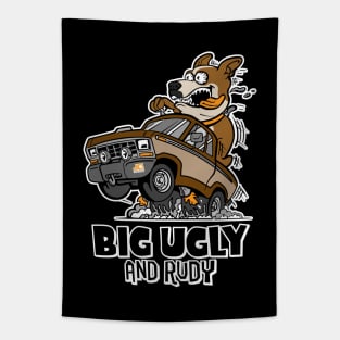 JC Auto Parts - (Double-Sided - Logo Front / Big Ugly + Rudy / White on Black) Tapestry