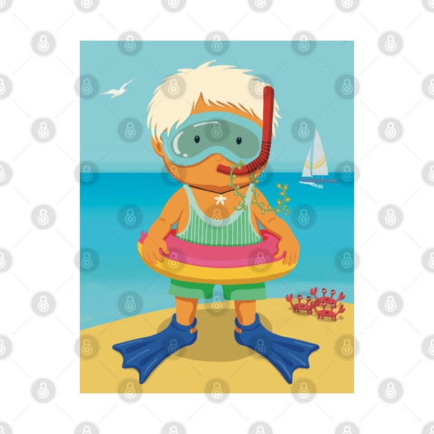 Cute little boy is on vacation dressed for snorkeling in the turquoise sea by marina63