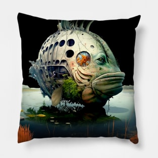 The Armored Angler: The Future of Fish on a Dark Background Pillow