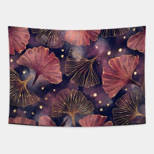 Watercolor Golden Ginko Leaves on Dark Blue Tapestry