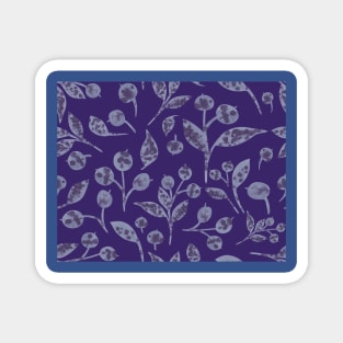 Seamless winter pattern with snow-covered berries. Hand drawn watercolor blueberries and leaves on blue. Perfect for greeting card, postcard, poster, logo, textile, fabric, packaging, wrapping paper. Magnet