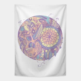 Retro Blend Skull and Dreamcatcher Circle Tapestry