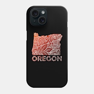 Colorful mandala art map of Oregon with text in brown and orange Phone Case