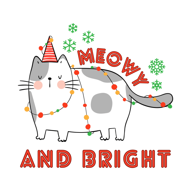 Funny Christmas Cat Wrapped in Lights, Meowy and Bright by TheCloakedOak