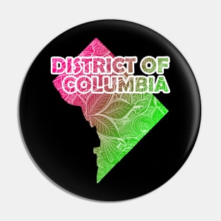 Colorful mandala art map of District of Columbia with text in pink and green Pin