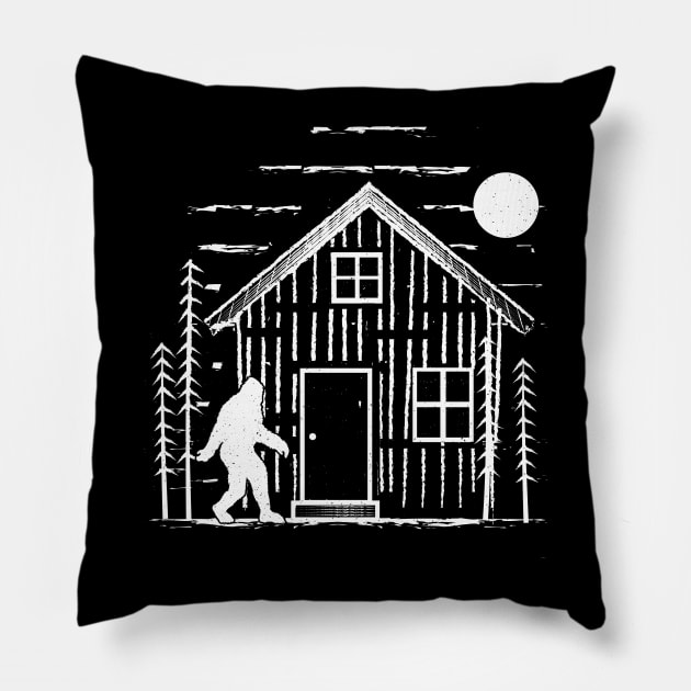 Bigfoot Cabin in the woods Pillow by Tesszero