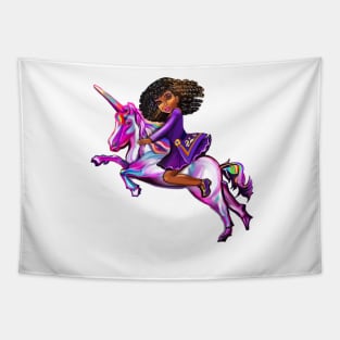 Curly hair Princess on a unicorn pony, lit up- black girl with curly afro hair on a horse Tapestry