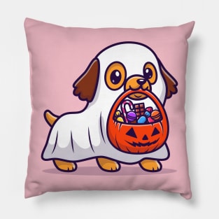 Cute Ghost Dog With Pumpkin Halloween Cartoon Pillow