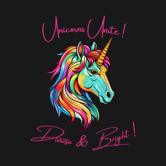 Unicorns unite, diverse and bright, LGBTQIA+ theme by Clearmind Arts