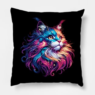 Colorful Maine Coon Cosmic Cat in Stars Pillow