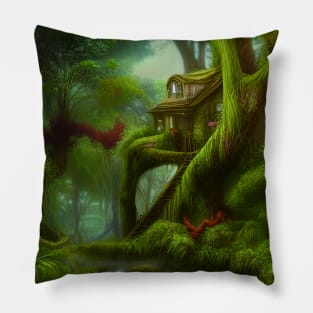 Tree House Portrait in Red Color, Greenery Outside, Landscape Painting Pillow