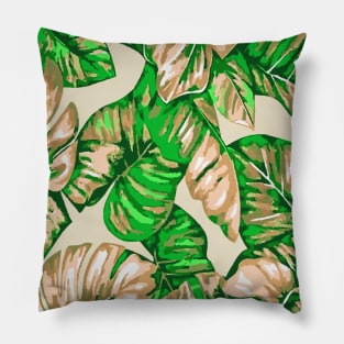 Tropical Leaves Of Banana and Monstera Beige Green Cut Out Pillow