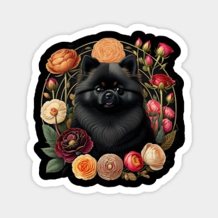 Black Pomeranian In Flower Frame Magnet