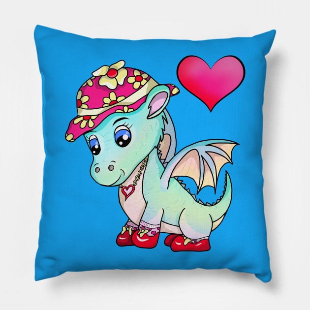 Lovely Pink Hat on a Sweet Dragon, with a Heart Pillow by cuisinecat