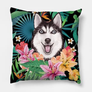 Tropical Black White Siberian Husky 12 Pillow