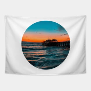 Blue Ocean Summer Beach Waves With A Vintage Restaurant Under The Sunset Sky Tapestry