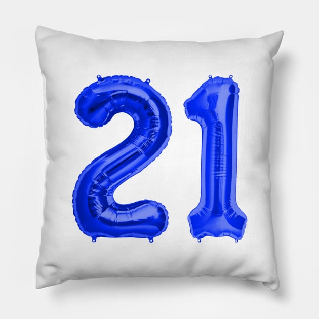 Bright Blue 21st Birthday Metallic Helium Balloons Numbers Pillow by podartist