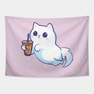 Cute Ghost Cat With Iced Coffee Tapestry