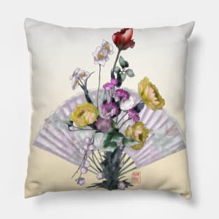 Yellow watercolor peonies and a red rose ikebana with a folding chinese fan Pillow