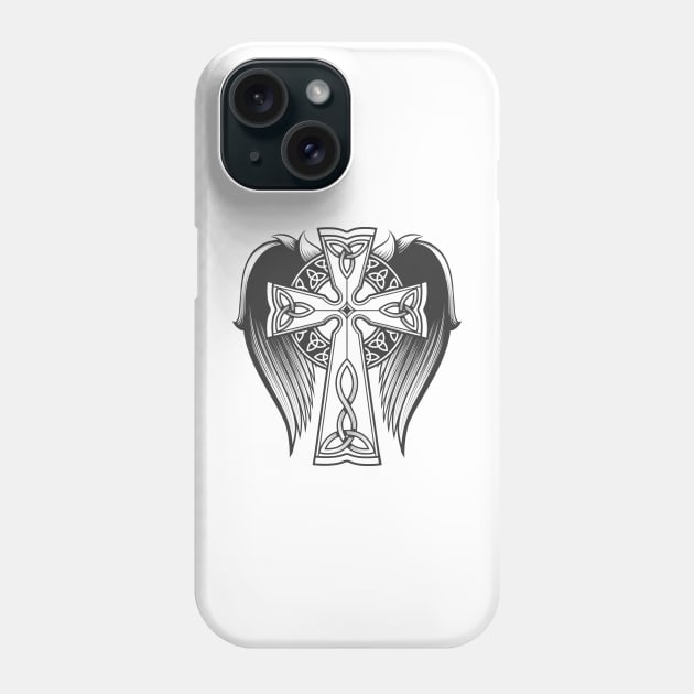 Cross in celtic style with big wings tattoo in engraving style. Phone Case by devaleta