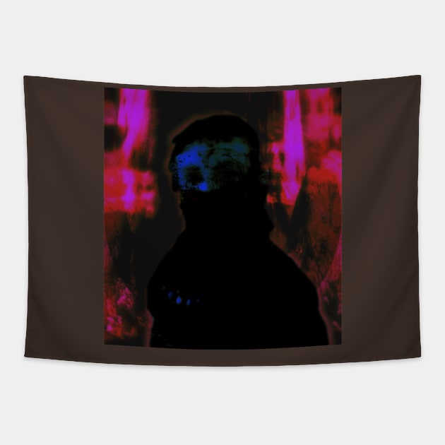 Portrait, digital collage and special processing. Like arabic. Cursed man with mouth mask. Pink and blue. Tapestry by 234TeeUser234